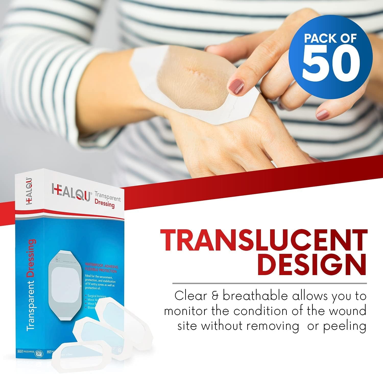 Transparent Film Dressing 4" x 4.75" (50 Pack) – Waterproof Adhesive Wound Bandages for Post-Surgical Showering, IV Protection, Tattoo Aftercare, Clear Breathable Dressing Patches by HEALQU
