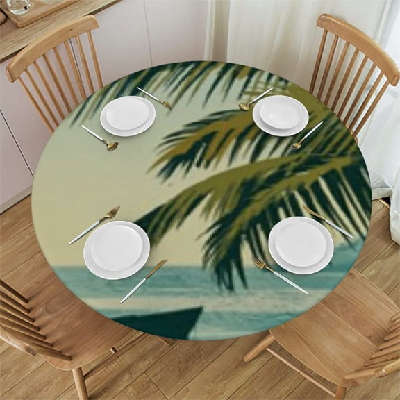 Ocean Round Fitted Tablecloth, Sunset Beach Elastic Edge Home Decor Tablecloths, Stain & Wrinkle Resistant Table Clothes