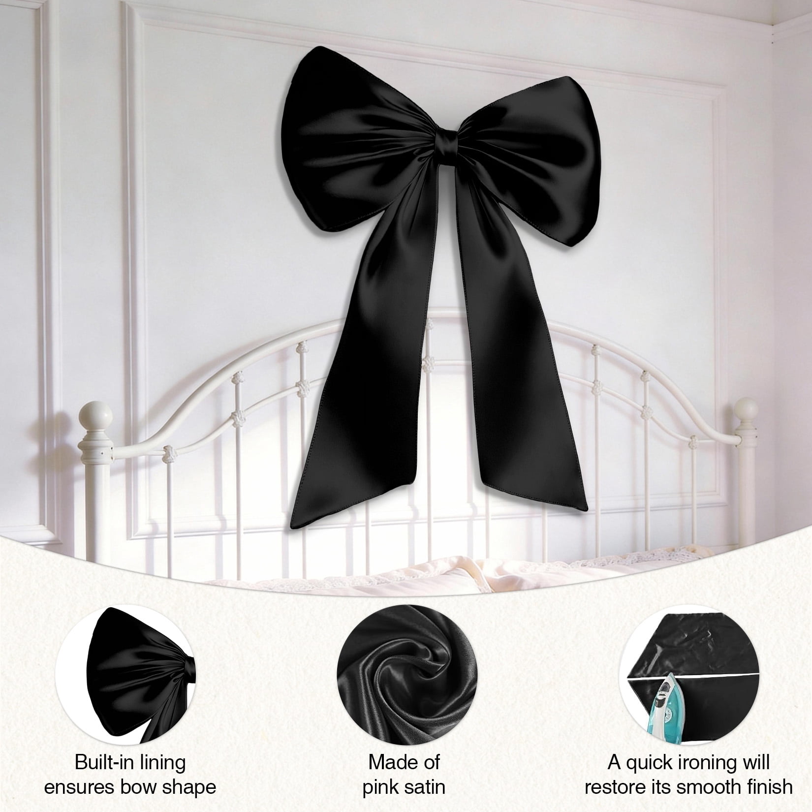 2 Pack Large Satin Bow Decorations 40 x 24 inch, Pre-Shaped Oversized Ribbon Bows for Wedding, Party, Gift Wrapping, Wall & Room Decor, Reusable, Black