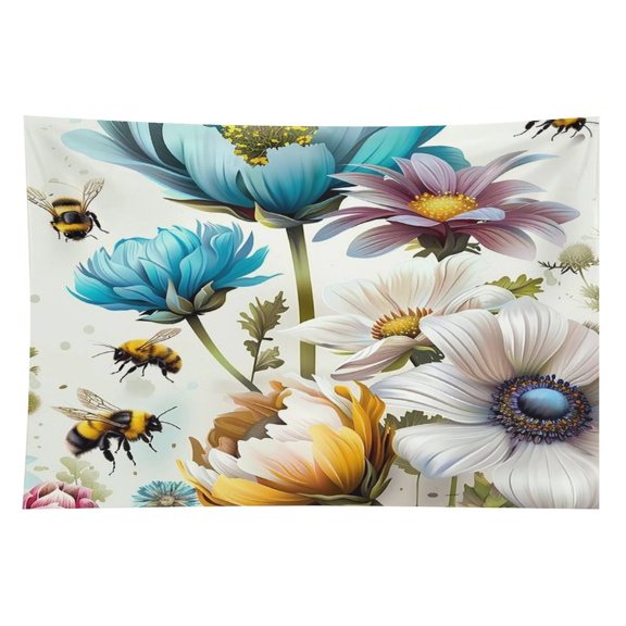 GooTPa Bees Colorful Flowers Realistic Polyester Wall Tapestry Anti Wrinkle Art Hanging Decor for Bedroom Living Room Home Holiday Decoration Gift