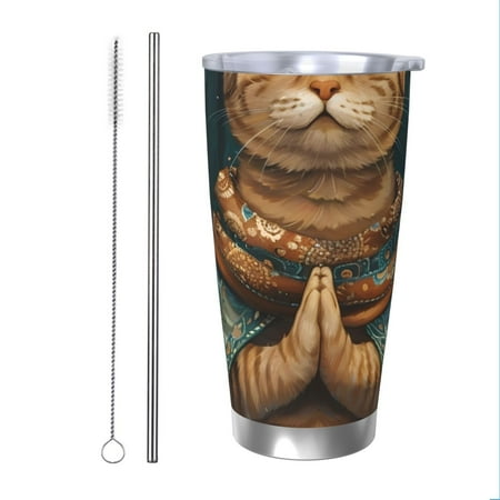 

KLL Surreal Meditating Cat Print 40oz Stainless Steel Insulated Car Cup with Spillproof Lid - Keep Your Drink Hot or Cold on the Go-Straw Two-piece Set