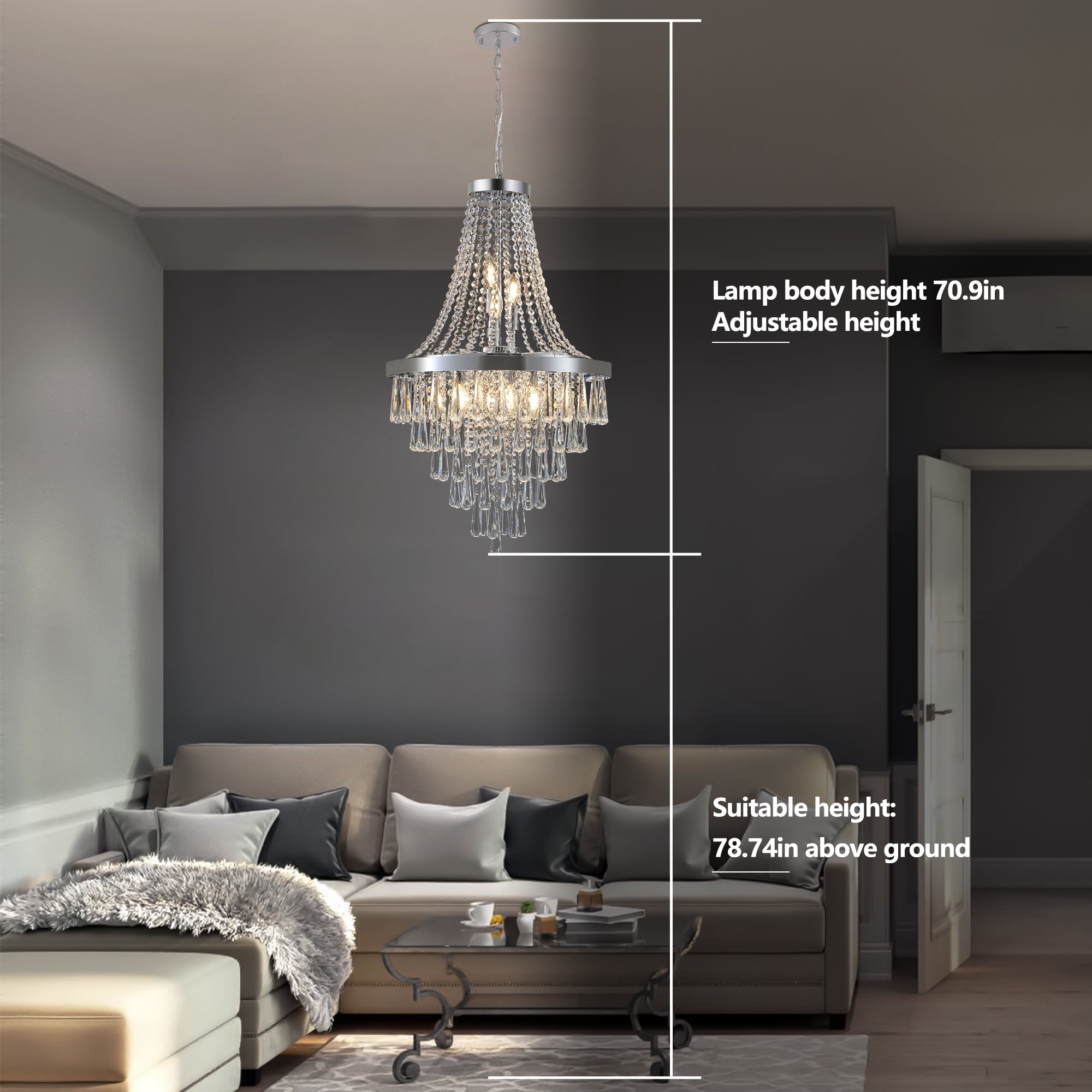 Jopath 20" Crystal Chandelier with Adjustable Height, 11-Light E12 Bulb Chrome Frame Pendant Light for Living Room, Dining Room, Staircase, (No Bulbs)