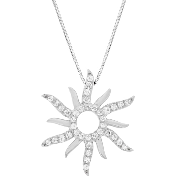 10K White Gold Sun Pendant in 18" Box Chain With 0.14 Carat Diamond Fine Jewelry