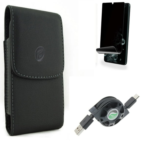USB Cable w Privacy Screen Protector w Case Belt Clip for Samsung Galaxy S20 Ultra - Retractable Type-C Charger, TPU Film [NOT GLASS] [Fingerprint Works], Leather Holster Cover fits Galaxy S20 Ultra