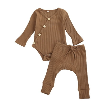 

Infant Baby Girls Boys Pajamas Knitting Bodysuit Jogger Pants Slant Buttons 2pcs Outfits Set 6-9 Months