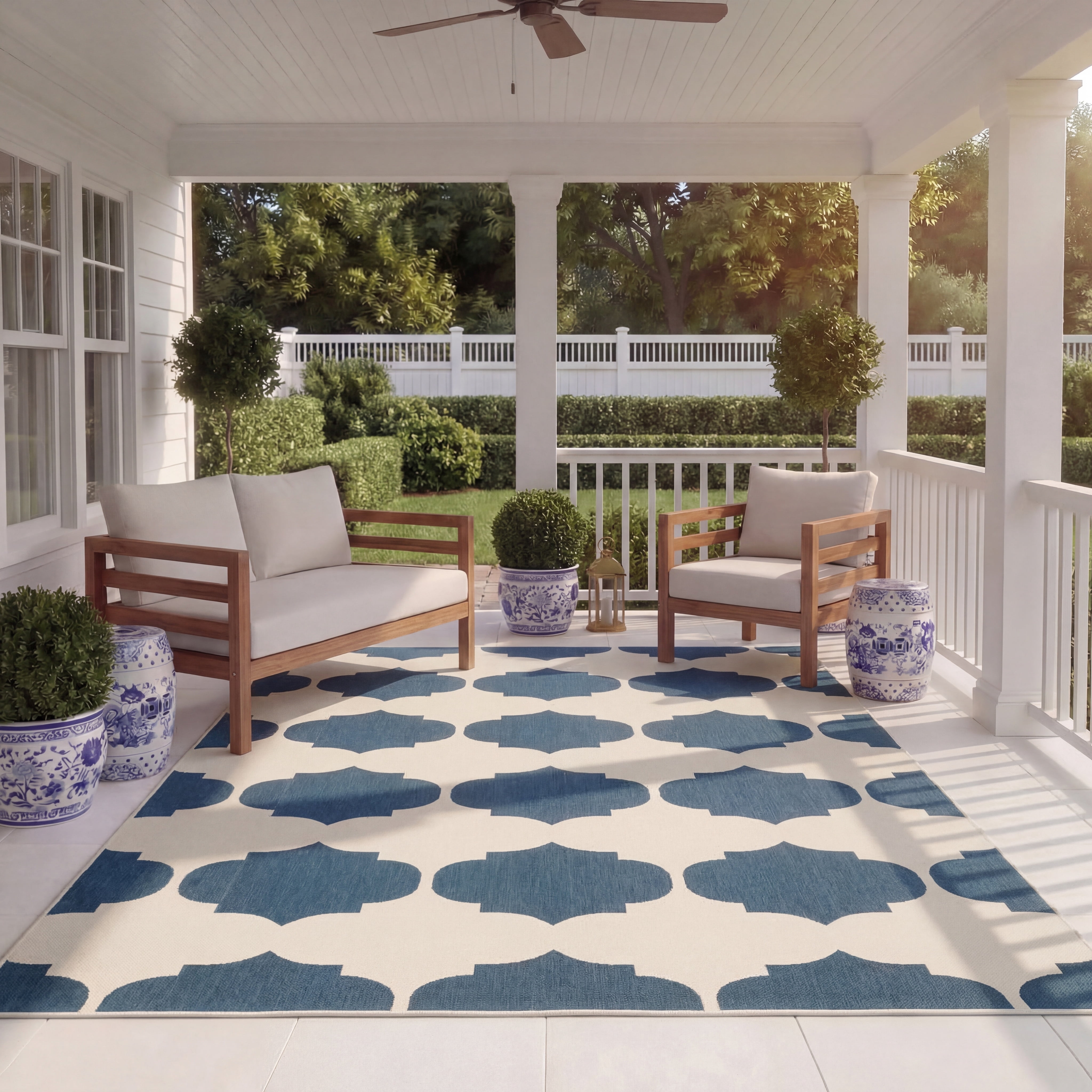 Safavieh Courtyard Elwyn Geometric Indoor/Outdoor Area Rug, Beige/Navy, 5'3" x 5'3" Square