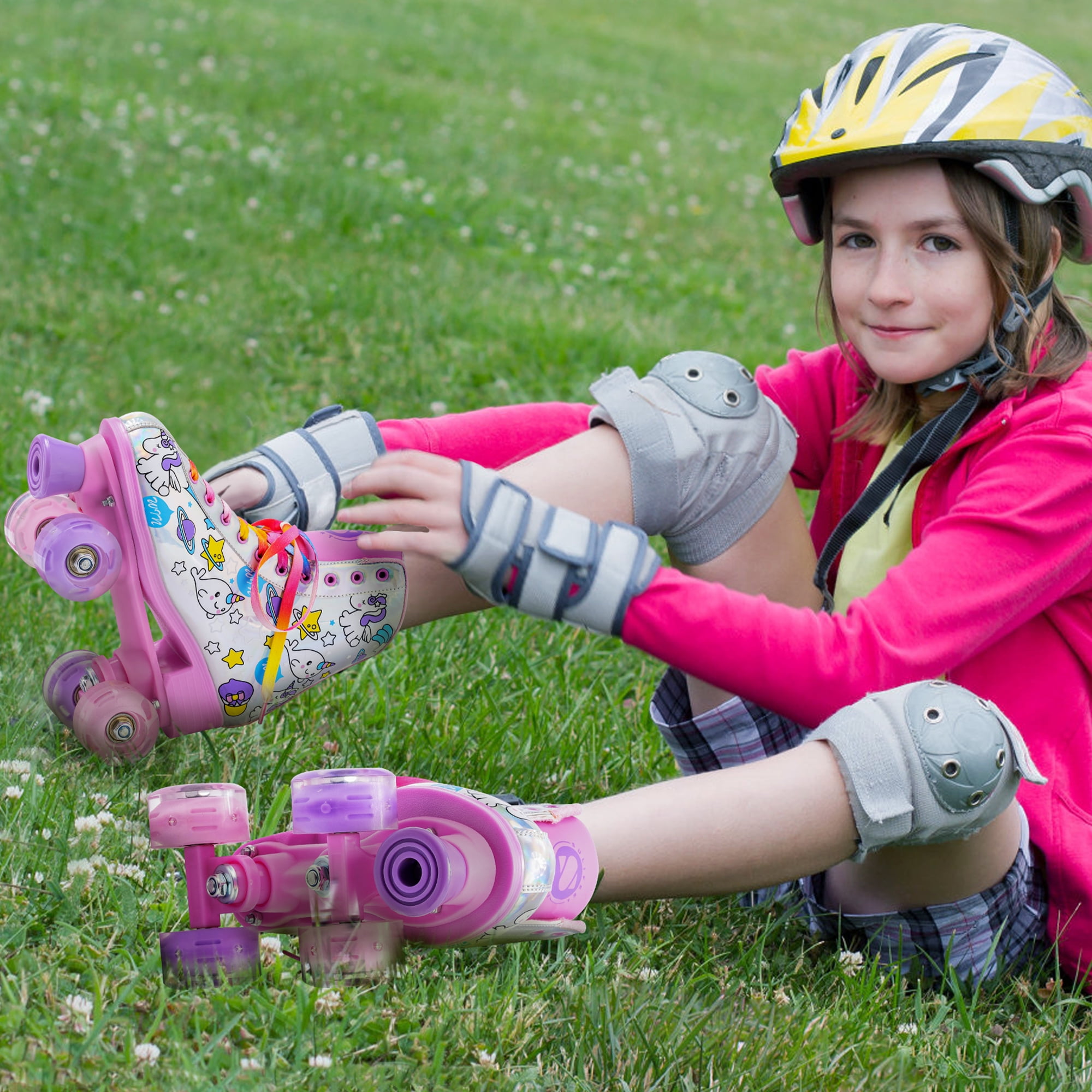 Roller Skates for Girls Light up Wheels Kids with High Top Reflective TPU Leather Rainbow Unicorn