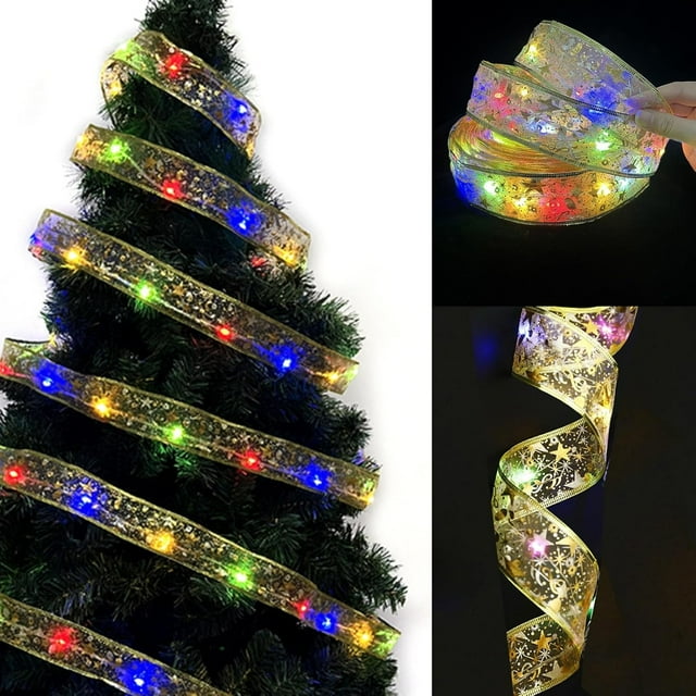 Christmas Ribbon Fairy Lights, Christmas Tree Light Up Ribbon, Ribbon Lights for Christmas Tree, Indoor Ribbon String Lights for Xmas Tree Decor (Gold-Warm,10M),Gold,10M