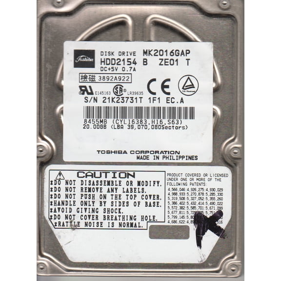 MK2016GAP, E0/U0.32A, HDD2154 B ZE01 T, Toshiba 20GB IDE 2.5 Hard Drive