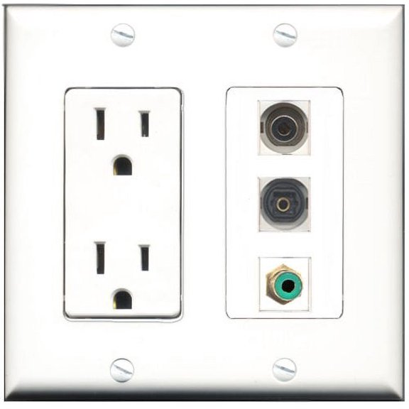 RiteAV - 15 Amp Power Outlet 1 Port RCA Green 1 Port Toslink 1 Port 3.5mm Decorative Wall Plate
