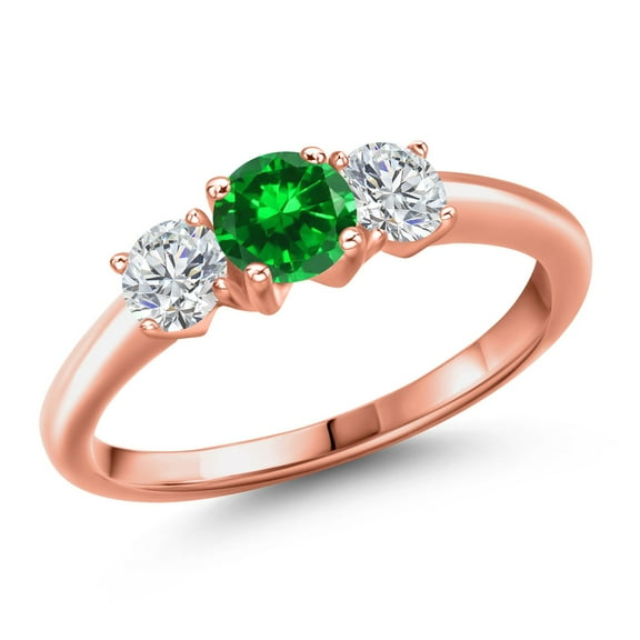 Gem Stone King 18K Rose Gold Plated Silver Green Created Emerald and Lab Grown Diamond Engagement Ring for Women | 1.38 Cttw | Round 5MM | Gemstone May Birthstone | Size 8