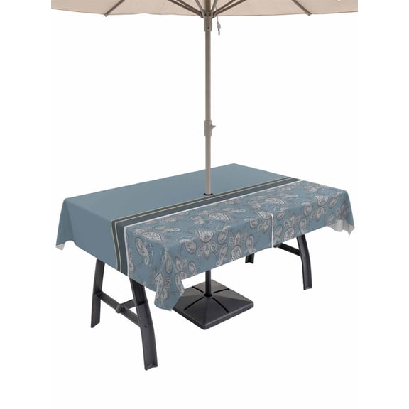Outdoor Tablecloths with Umbrella Hole & Zipper, Boho Blue Flower Rectangle Tablecloth 52x70 Inch, Abstract Bohemia Pesley Floral Waterproof Table Cloth, Patio/Pool/Picnic Table Covers