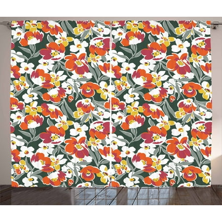 Seattle Floral Design School Floral Curtains 2 Panels Set, Vintage Greenery Imagery Natural World Elements Old School Design Vibrant Colors, Window Drapes for Living Room Bedroom, 108W X 84L Inches, Multicolor, by Ambesonne ()