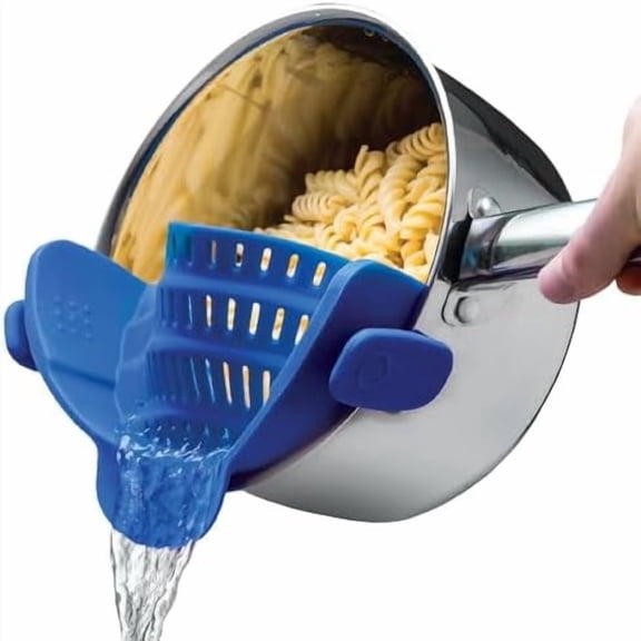 Snap N' Strain - Silicone Clip-On Strainer for Pots, Pans, and Bowls - Heat-Resistant Kitchen Gadgets, Essential Colander Drainer for Vegetables and Pasta - 7.87x2.76x4.53-Inch (Blue)