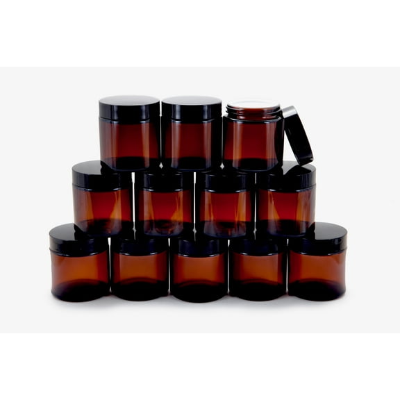 Vivaplex, 12, Amber, 4 oz Round Glass Jars, with Inner Liners and Black Lids