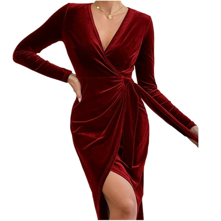faux wrap velvet midi cocktail dress Faux Wrap Long Sleeves Midi Velvet Cocktail Dress in Dark Green | ANGELEYE