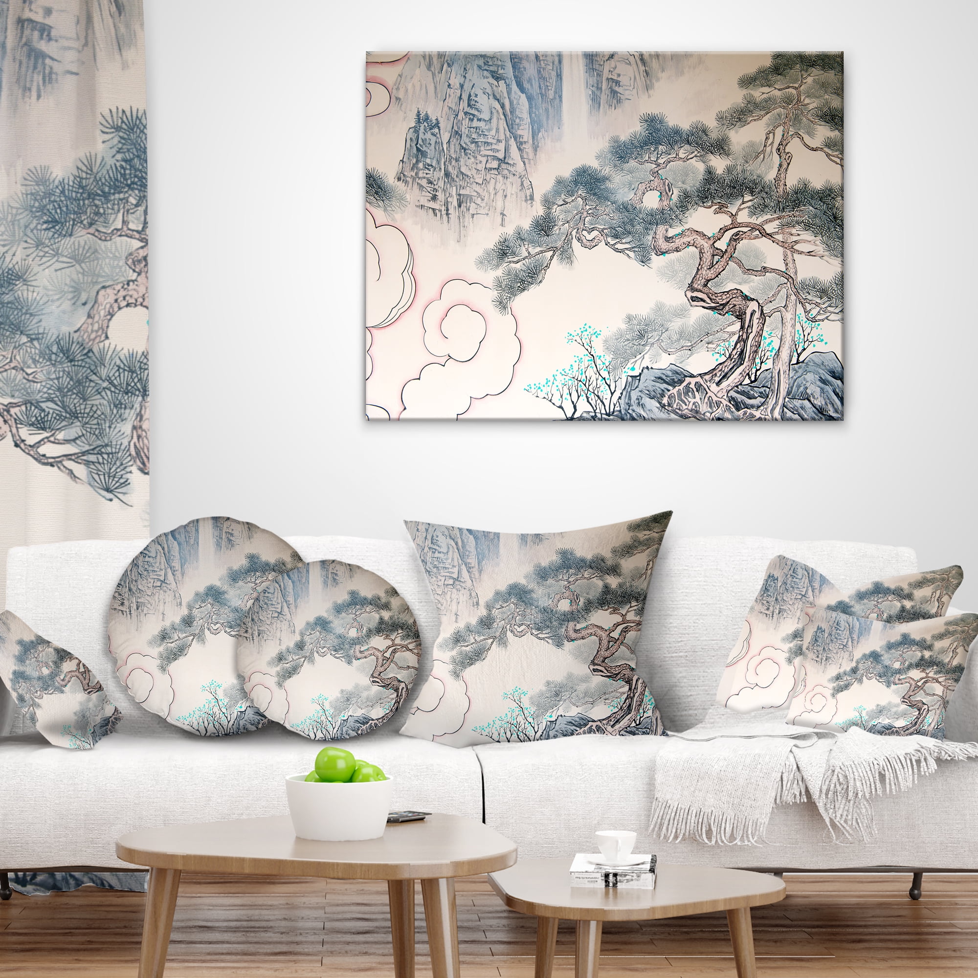 Designart Chinese Blue Tree Art - Floral Painting Throw Pillow - 18x18