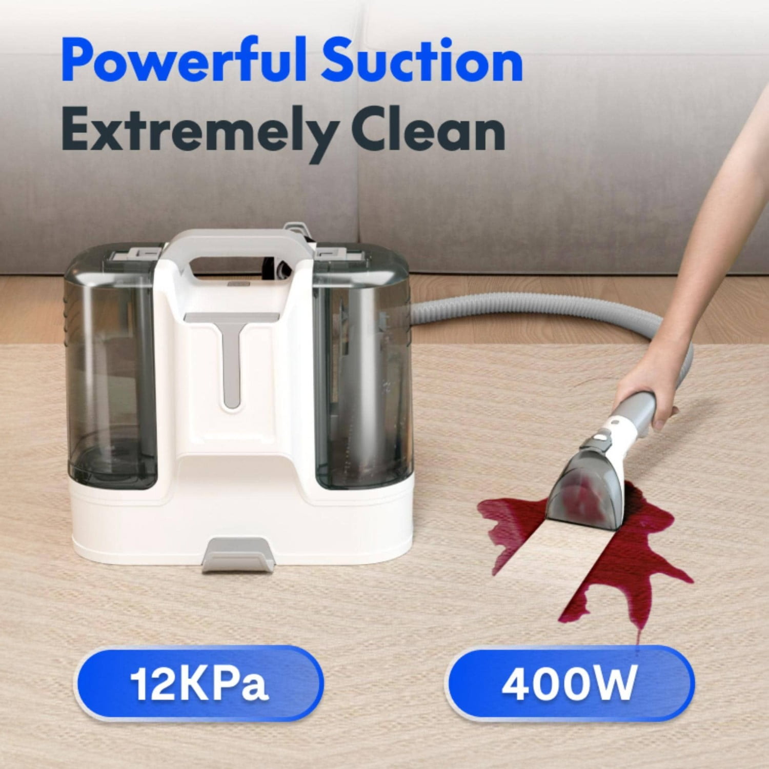 Portable Carpet Cleaner Machine 12000Pa Suction Stain Remover for Pet Hair Upholstery Car White