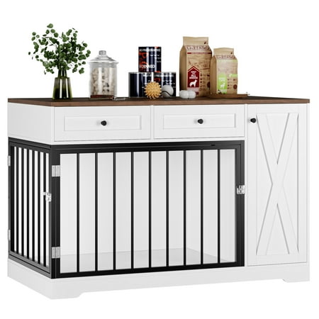 Homfa Puppy Dog Crate with Storage Cabinet and 2 Drawers Indoor Furniture Style Wooden Large Dog Kennel White