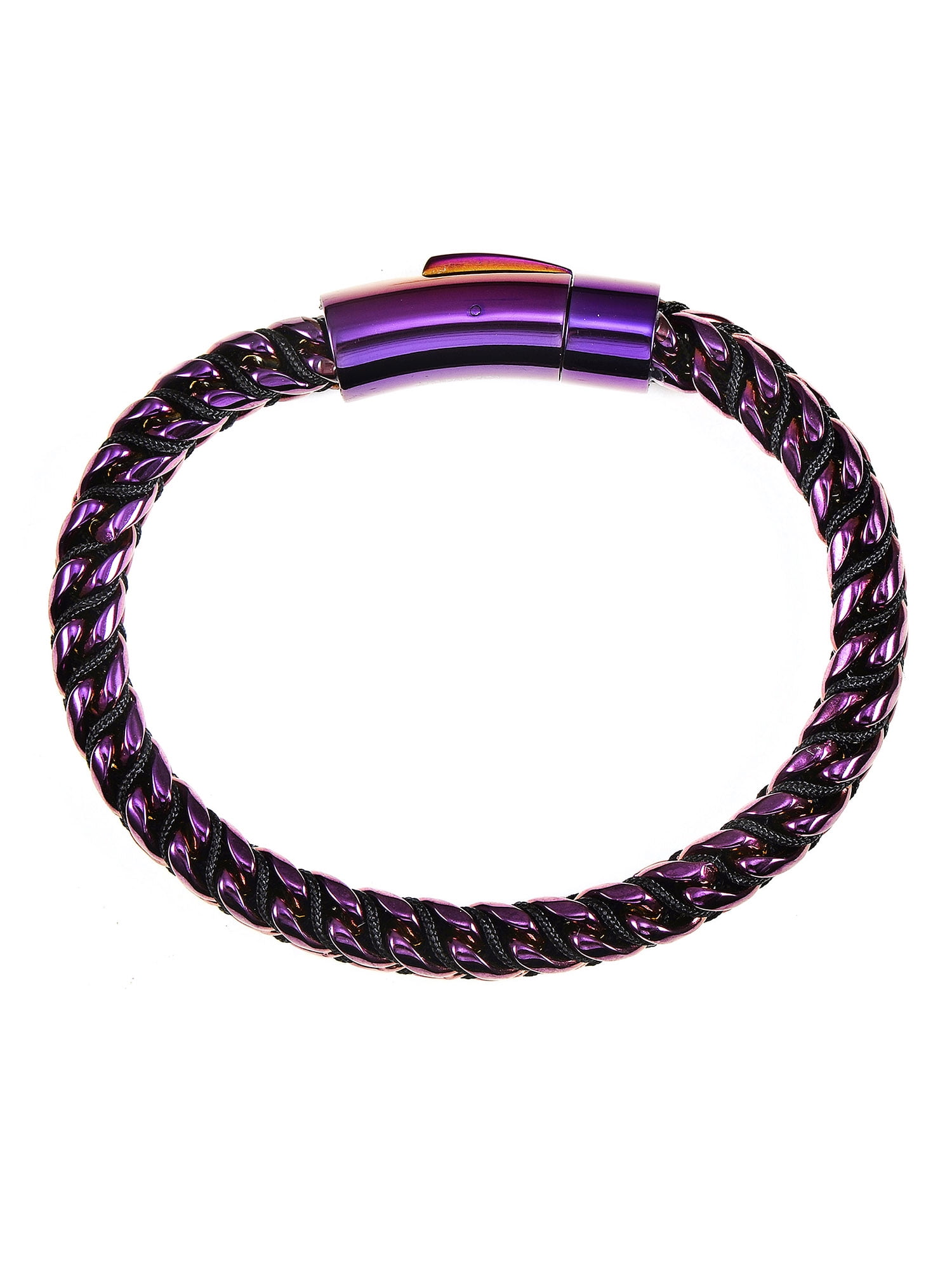 Crucible Jewelry Men's Polished Purple Plated Stainless Steel Franco Chain and Nylon Cord Bracelet (7mm) - 8"