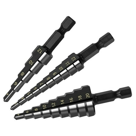 

3Pcs Black HSS Step Drill Bit Set for 3-12mm/4-12mm/4-20mm Drill Bit Set Hex Quick Change Power Tools