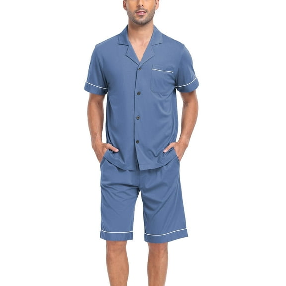 ANLIQI Men's 100% Cotton Short Sleeve Pajama Sets Button Down Notched Collar Sleepwear Soft Lounge Pjs with Pockets (Blue, L)