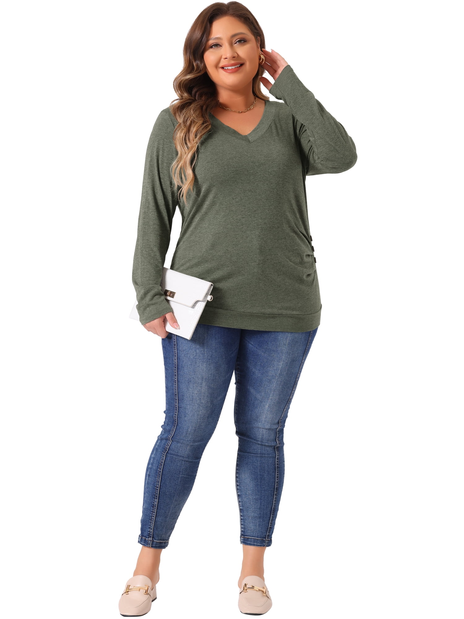 DARING DIVA Women's Plus Buttons Decor Ruched Casual Blouses 1X Green