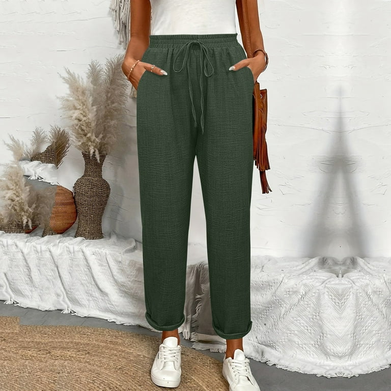 High Waisted Linen Pants Women Lightweight Wide Leg Drawstring Ankle Length Elastic Waist Trousers Petite Yoga Crop Pants Army Green L High Waisted Linen Pants Women Lightweight Wide Leg Drawstring Ankle Length Elastic Waist Trousers Petite Yoga Crop Pants Army Green L