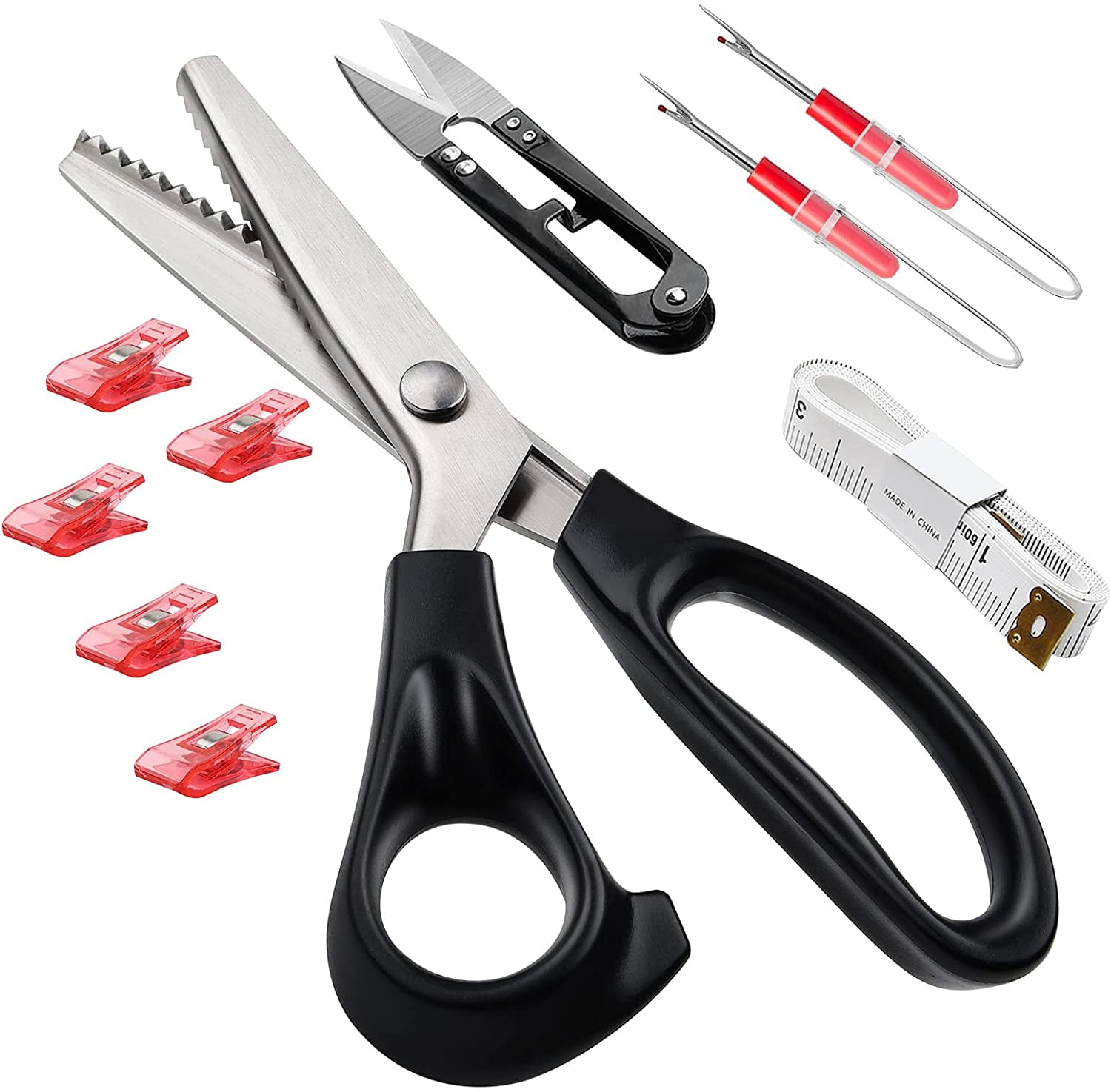 SEBIDER Sewing Pinking Shears for Fabric 9.3' Dressmaking Zig Zag Crafts Scissors Decorative Edge Sewing Quilting Kit with Seam Rippers Sewing Clips Thread Snips Tape Measure(10pcs)