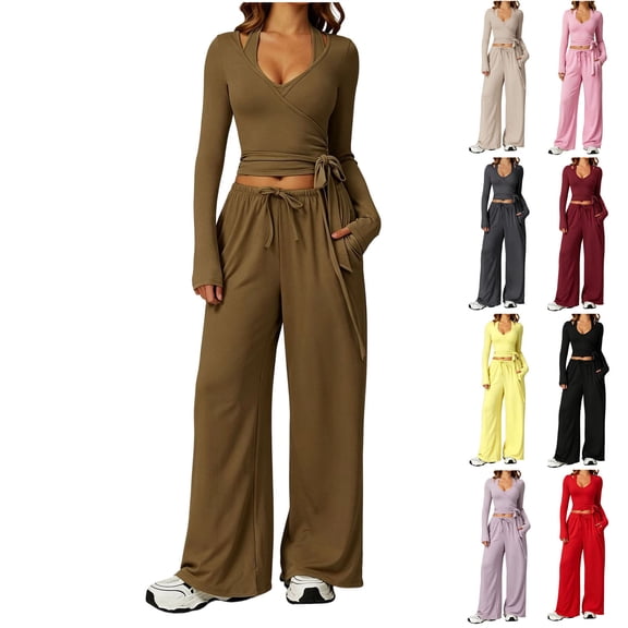3 Piece Yoga Set For Women Crewneck Tank Tops Wrap Side Tie Long Sleeve Tops Wide Leg Pants Fall Workout Stretchy Outfits