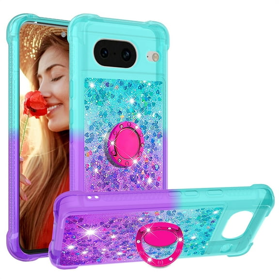 CCSmaller for Google Pixel 8 Clear Case for Girls Women, Liquid Glitter Sparkle Bling Cute Case with Kickstand Gradient Quicksand Cover for Google Pixel 8 JB Bluish Violet