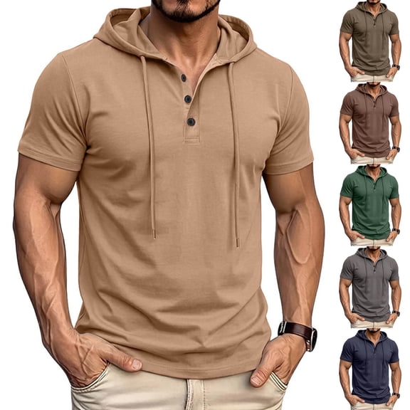 Purcolt Men's Casual Short Sleeve Hoodie Pullover with Buttons and Dstring Soft Muscle Fit Athletic Workout Top