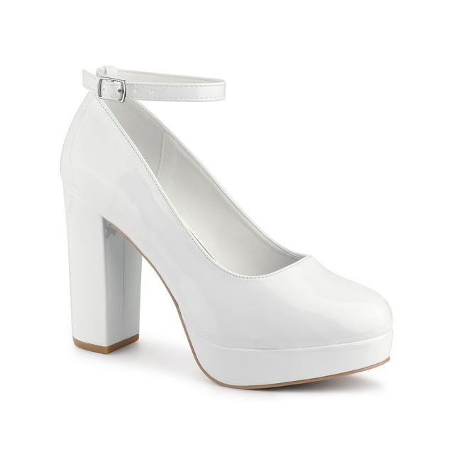 BLISSFUL STEP Escarpins à Talon Bloc pour Femmes Plateforme Bride à la Cheville Bout Rond Talon Blanc 7