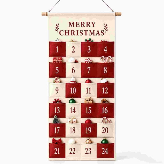 Kojanyu Fabric Countdown Hanging Organizer, 24 Pocket Holiday Decor Storage Pouch Set, Reusable Wall Decor for Home Party Indoor Display.