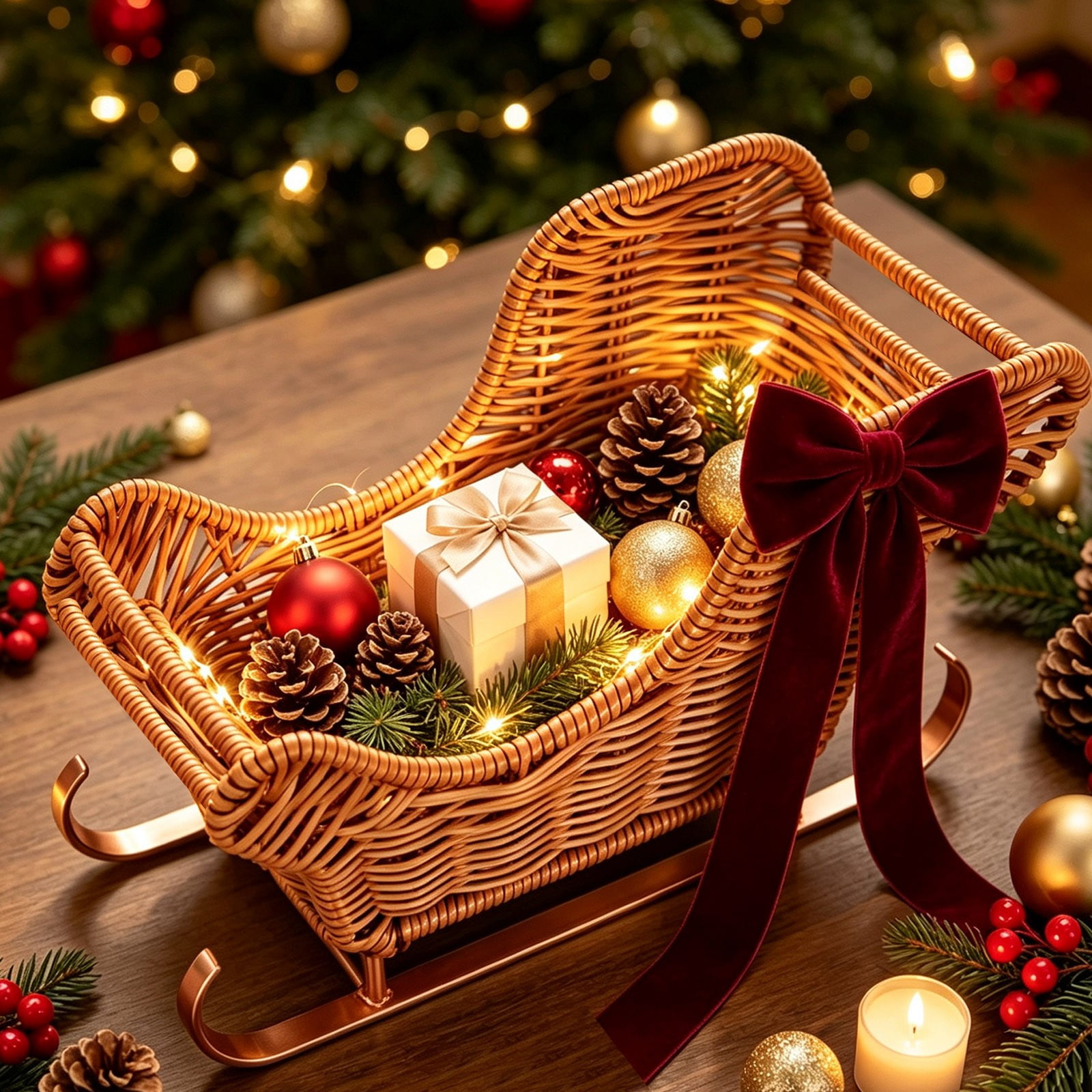 Darzheoy Christmas Sleigh Basket Multifunctional Iron Frame Red Velvet Bow Desktop Holiday Gift Ornament Winter Decor for Home Mantel Table Shelf