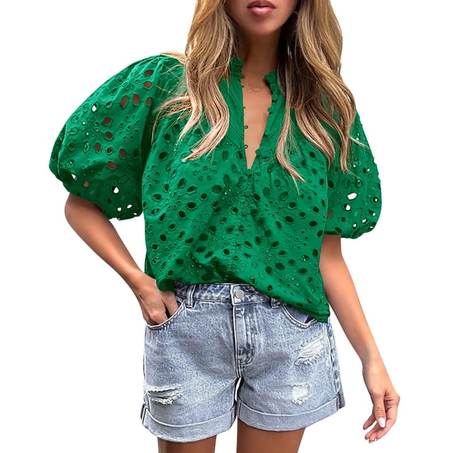 Blusa de Encaje de Verano PRETTYGARDEN Verde Oscuro XL