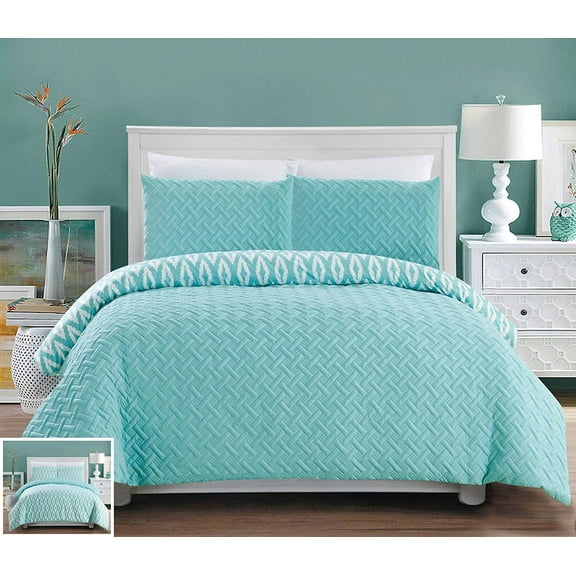 Chic Home CS3334-AN 3 Piece Ora Heavy Embossed and Embroidered Quilted Geometrical Pattern Reversible Printed King Comforter Set Aqua