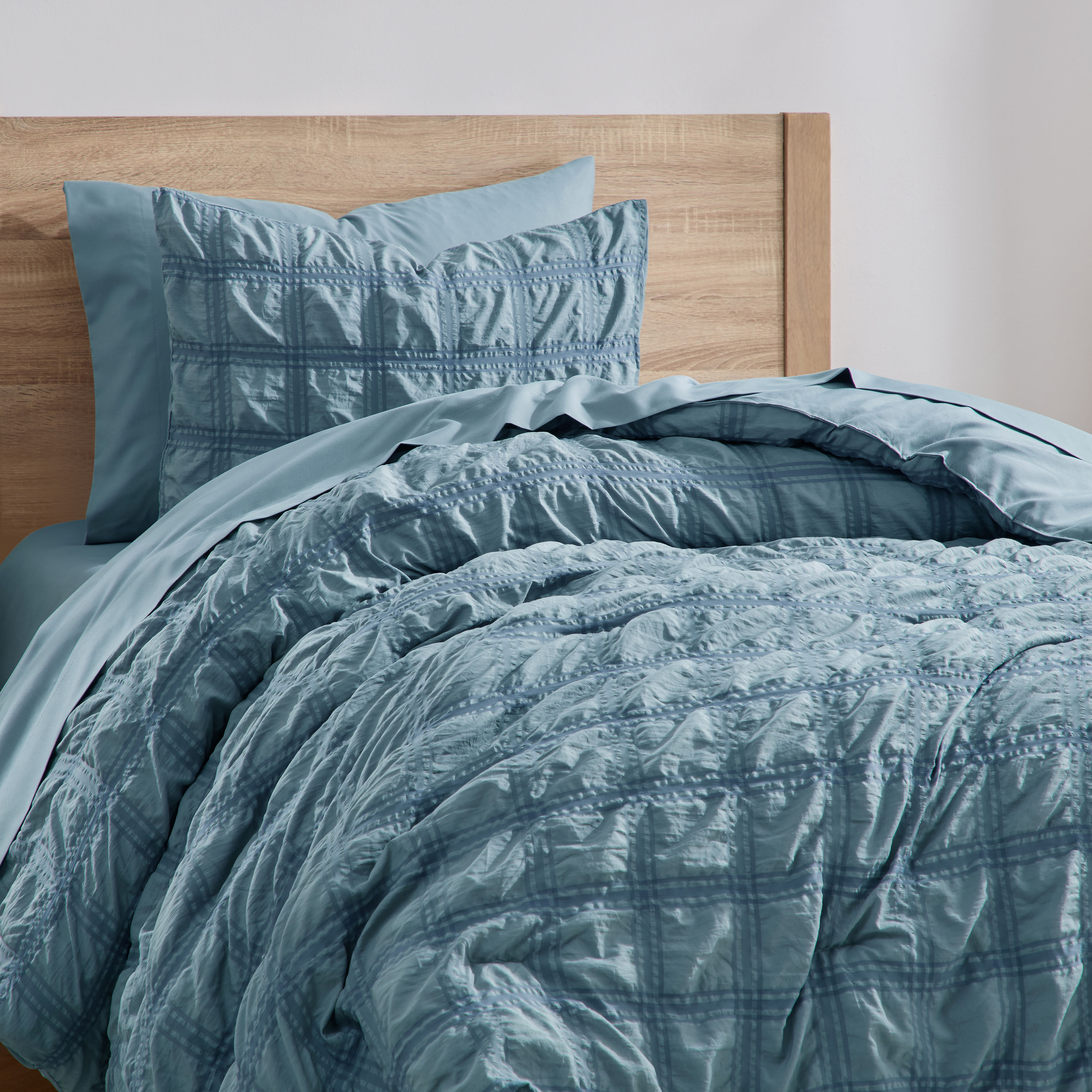 LammaLoe Twin Comforter Sets, 7 Piece Seersucker Bed in a Bag, Bedding Comforter Set with Sheets, Modern Bed Set, Stone Blue