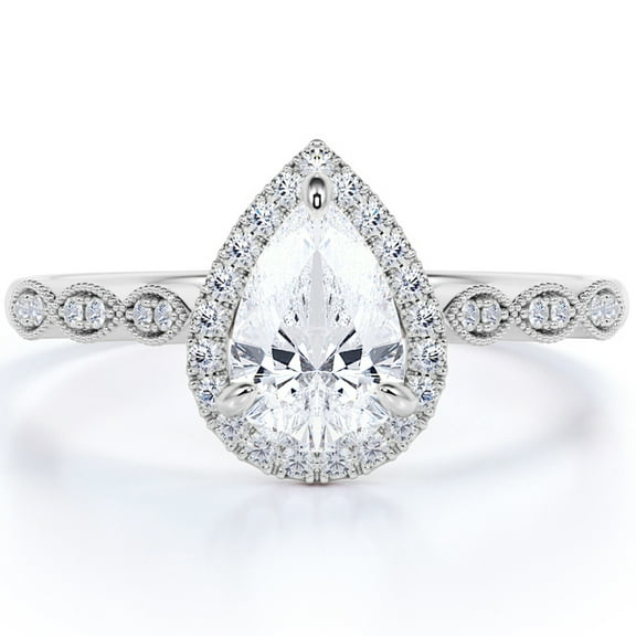 JeenMata 1.25 Carat Pear Shape Moissanite Halo Vintage Engagement Ring in 18k White Gold over Silver