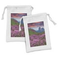 thumbnail image 1 of Nature Fabric Pouch Set of 2, Colorful Field of Blossom in the Morning Grand Dramatic Mountains Canyon Art Print, Drawstring Bag for Toiletries Masks and Favors, 9" x 6", Pink Green, by Ambesonne, 1 of 2