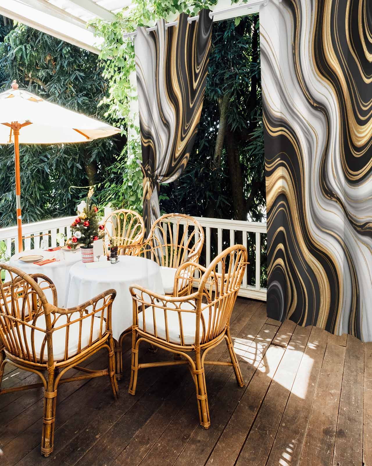 Black Golden Marble Outdoor Curtains for Patio, Gray White Ombre Abstract Texture Privacy Drapes Grommet Waterproof Outside Curtains for Porch/Cabana/Balcony 54"x 95", 2 Panel