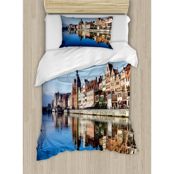 Polish Duvet Cover Set Twin Size, Scenic View with a Reflection on Water of the Old Town of Gdansk Motlawa River, Decorative 2 Piece Bedding Set with 1 Pillow Sham, Multicolor, by Ambesonne