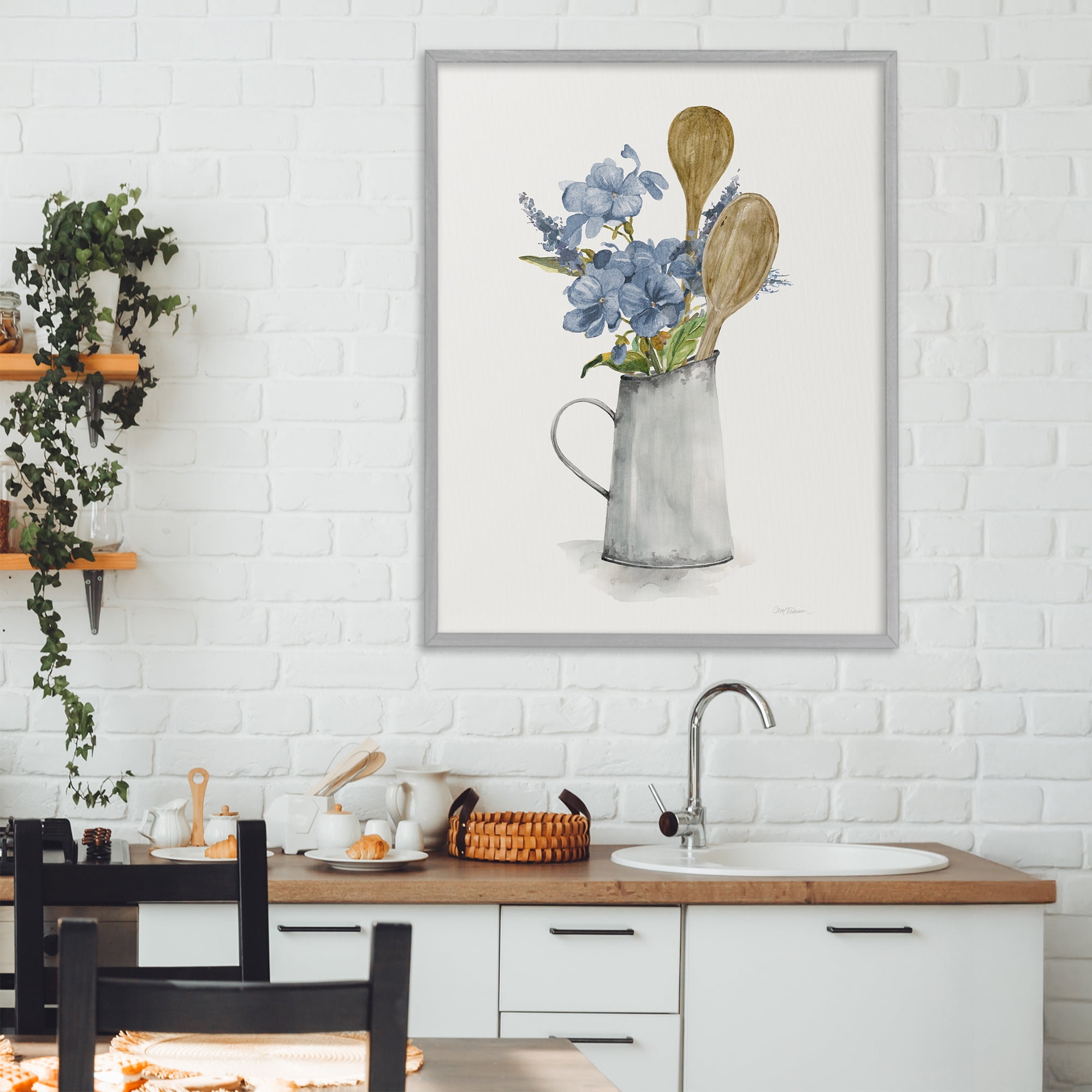 Stupell Industries Kitchen Spoons & Blue Blooms Gray Framed Giclee Art, design by Carol Robinson