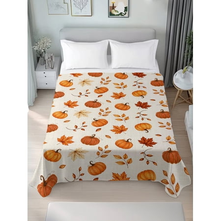 Queen Flat Sheet Only Thanksgiving Pumpkin Maple Leaf Seamless Soft Microfiber Cooling Bedding Sheets Retro Linen Flat Bed Sheet for Hotel Home Decor