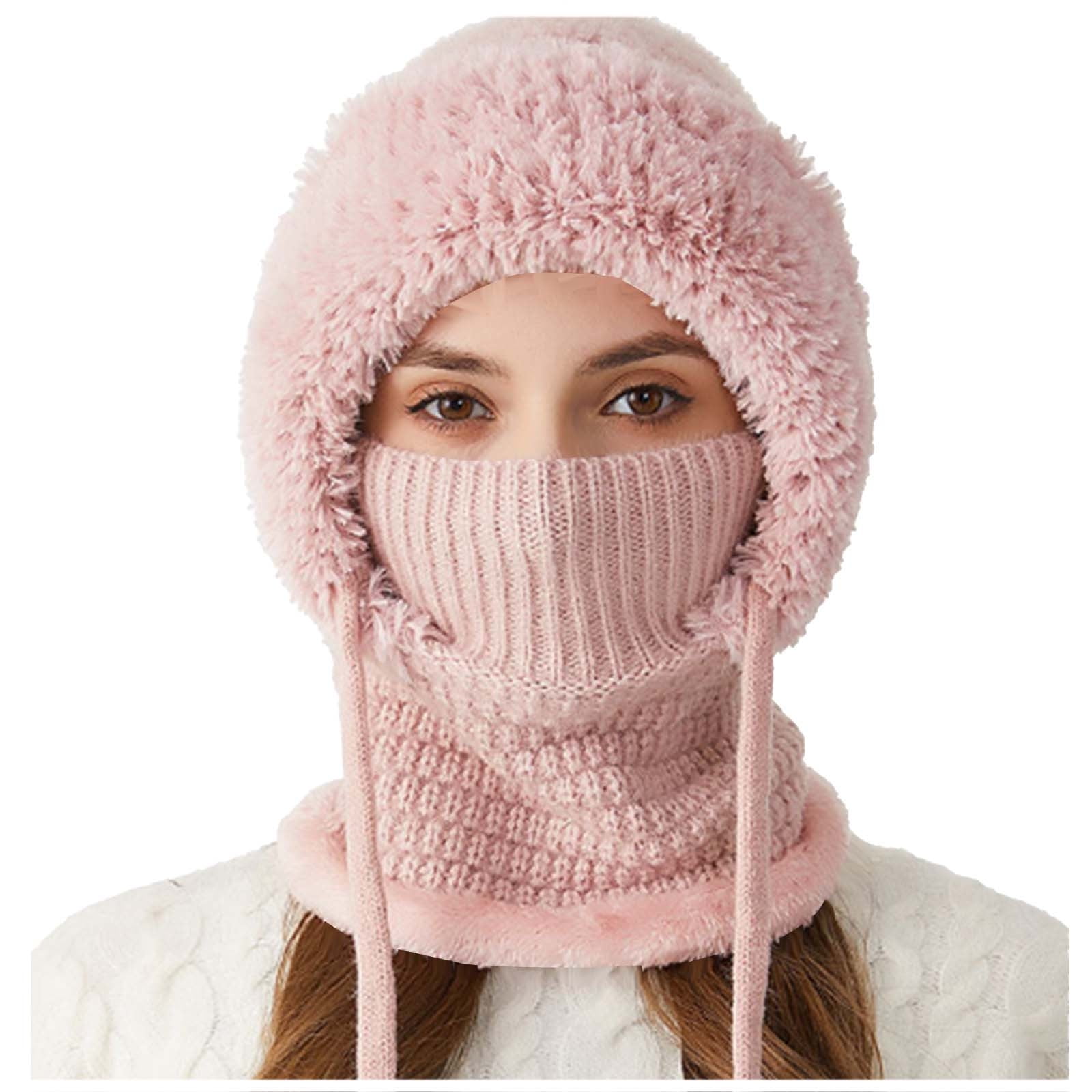 Nsxcdh Knit Beanie Hat for Women,with Fuzzy Sherpa Trim Integrated Face Cover Neck Warmer Thick Windproof Winter Hat for Outdoor