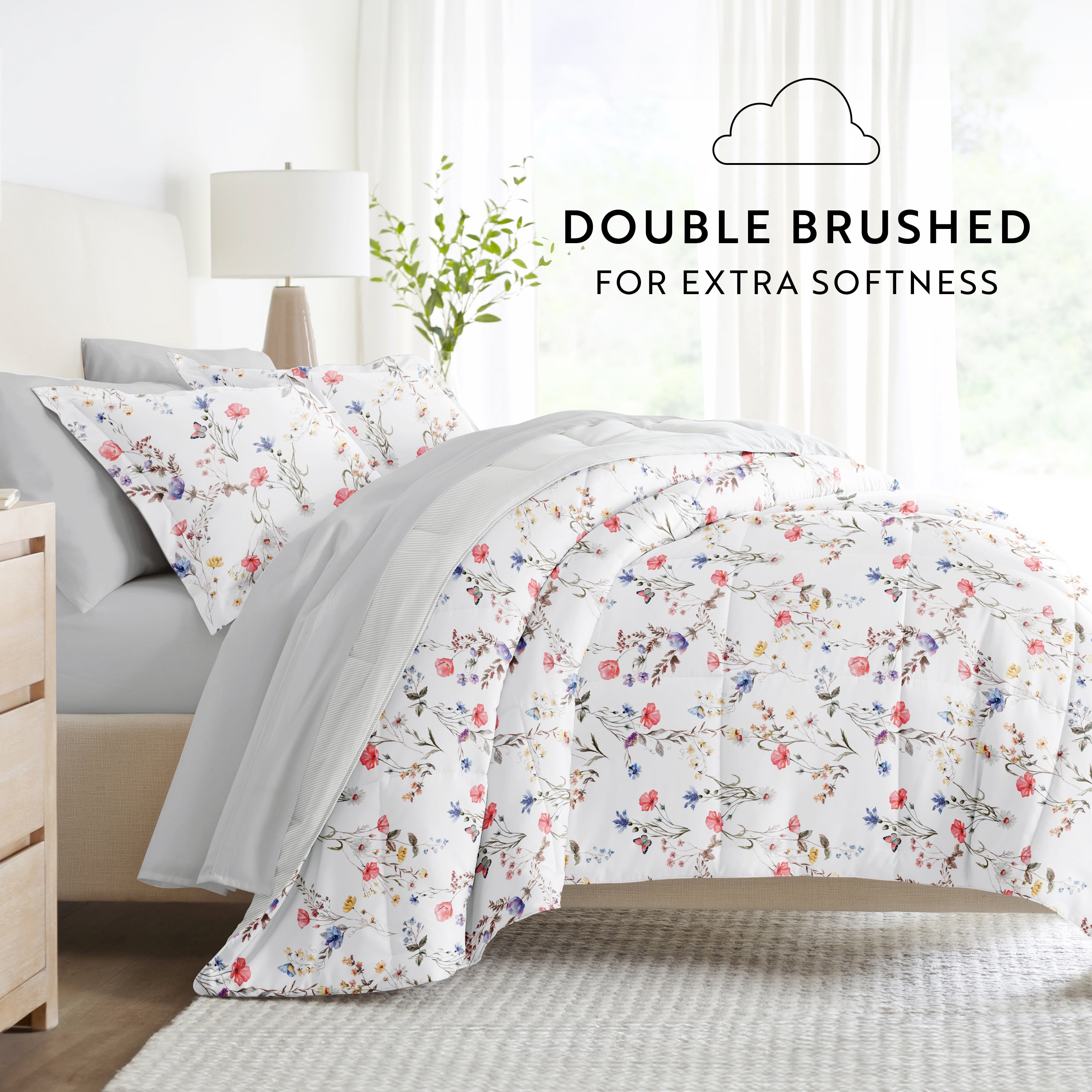 Comfort Canopy - California King Bedding Bundle, Patterned Microfiber Comforter and Solid Sheet Set in Meadow Floral Stripe Pink