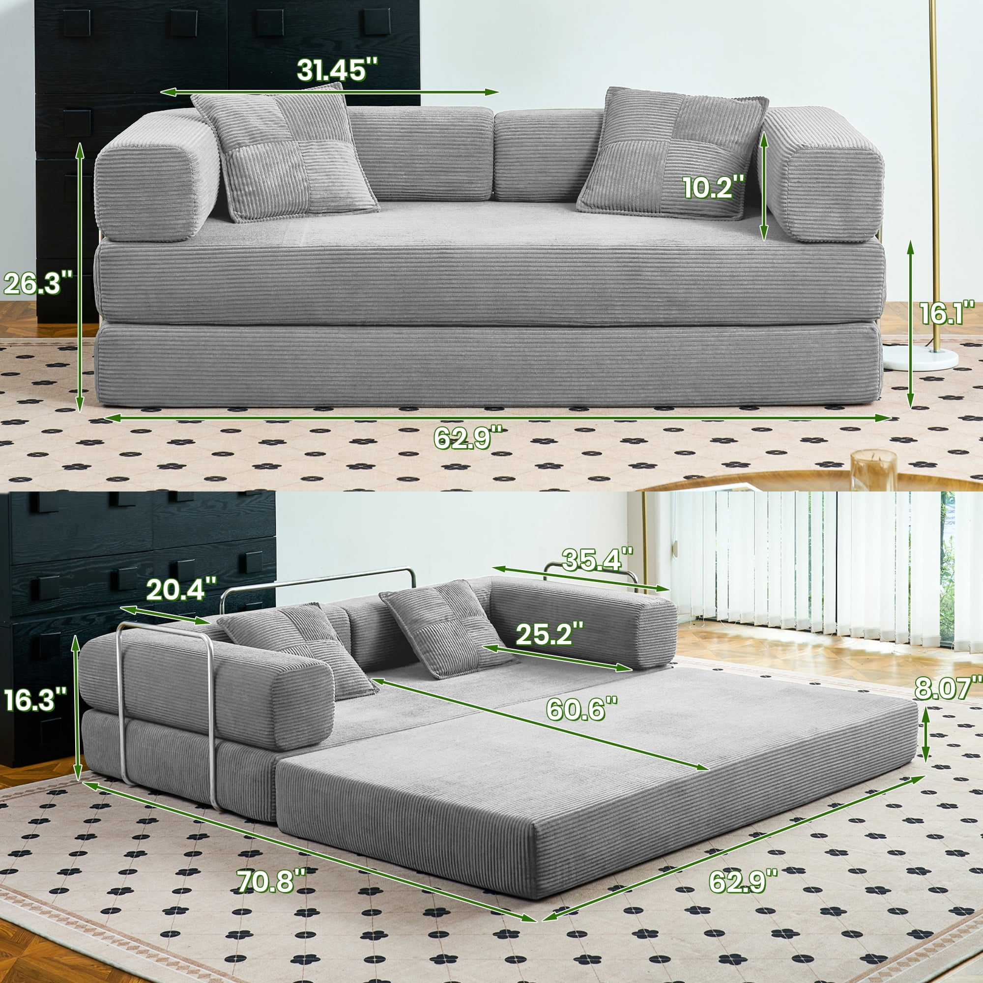 YINIX 62.9" Sleeper Sofa with Two Pillows, Comfy Modular Convertable Sofa Couch for Living Room, Small Spaces, Gray