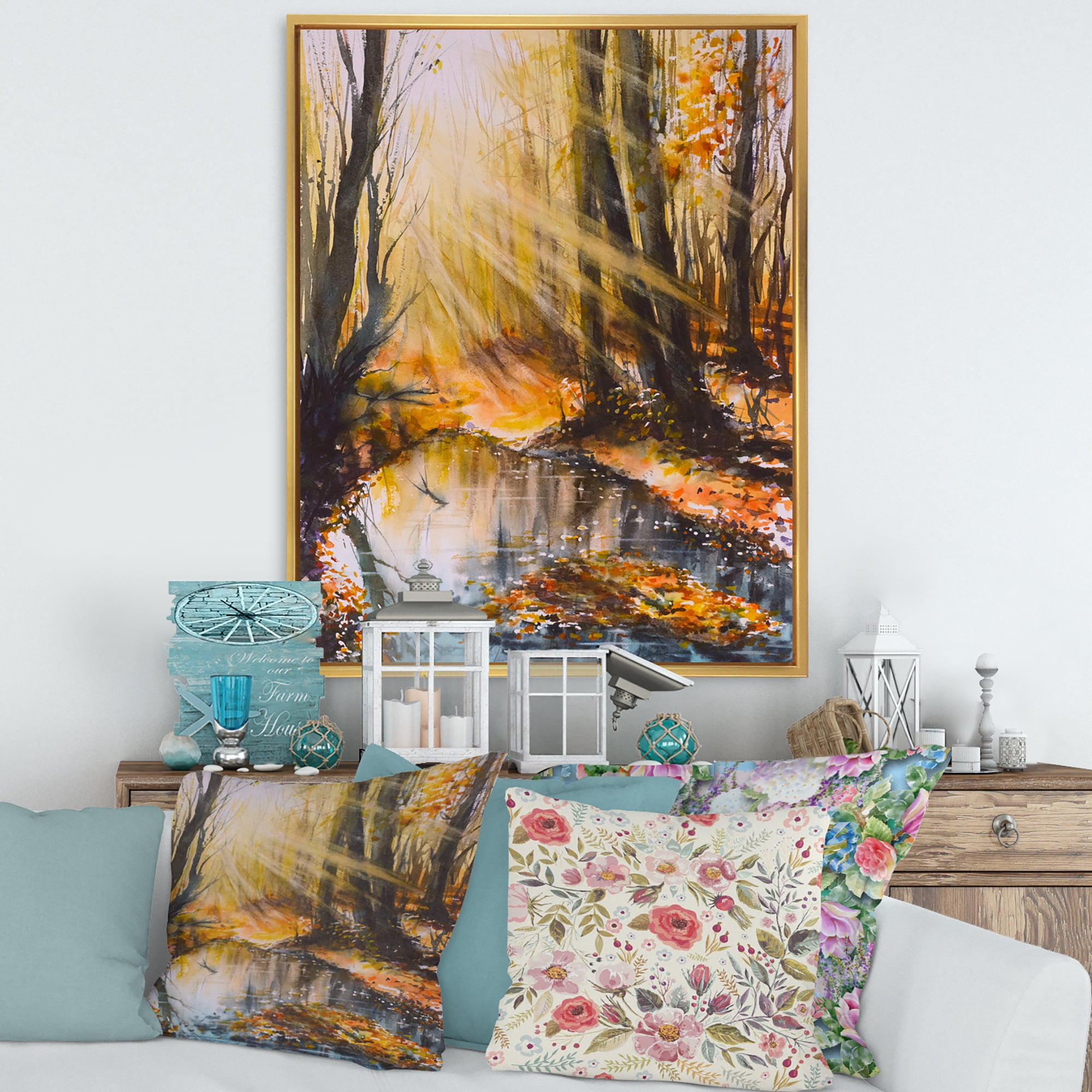Designart 'Bright Sunshine Through The Brown Forest Trees' Lake House Framed Canvas Wall Art Print