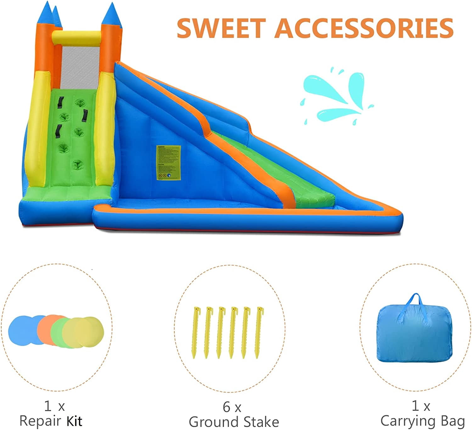 OLAKIDS Inflatable Water Slide, Bounce House Water Park with Slide Climbing Wall Splash Pool, Indoor Outdoor Jumping Castle Obstacle Course for Kids Backyard with Carrying Bag Repairing Kit Stakes