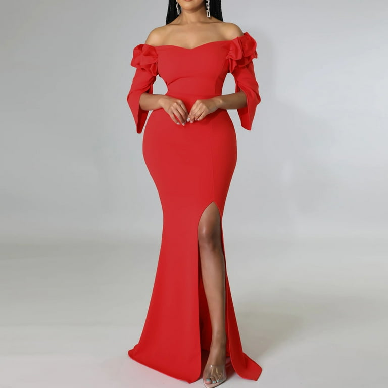 IROINNID Deals Wedding Guest Dresses for Women Homecoming Party Color Long  Dress Off Shoulder Sexy Split V-Neck Dress Trendy Formal Dress,Red -  Walmart.com